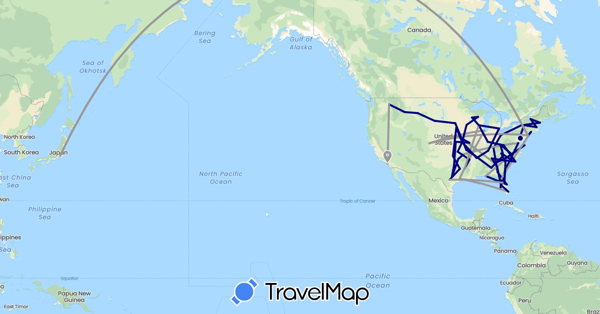 TravelMap itinerary: driving, plane in Japan, United States (Asia, North America)
